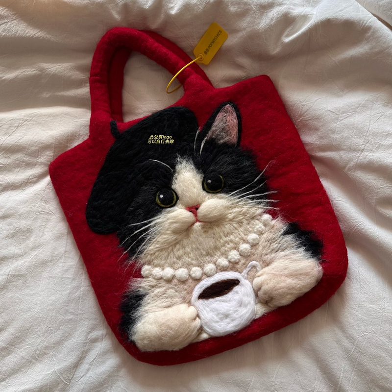 Mangsheng Nepal Imported Designer Handmade Tea-Drinking Lady's Kitten Wool Felt Handbag