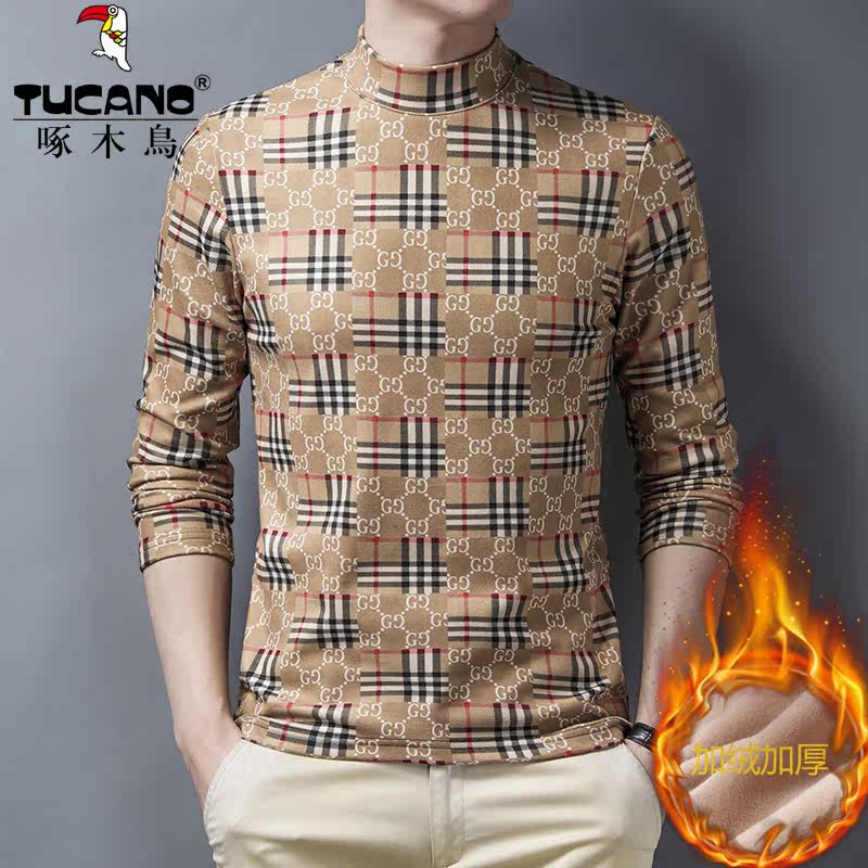 Woodpecker winter fashion half turtleneck double-sided fleece bottoming shirt can be worn outside heating clothing one-piece top men's large size