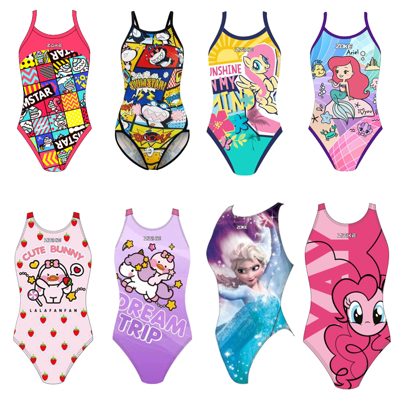 Zoke teen children's swimsuit cartoon purple pony Li girl girl professional training one-piece triangle swimsuit