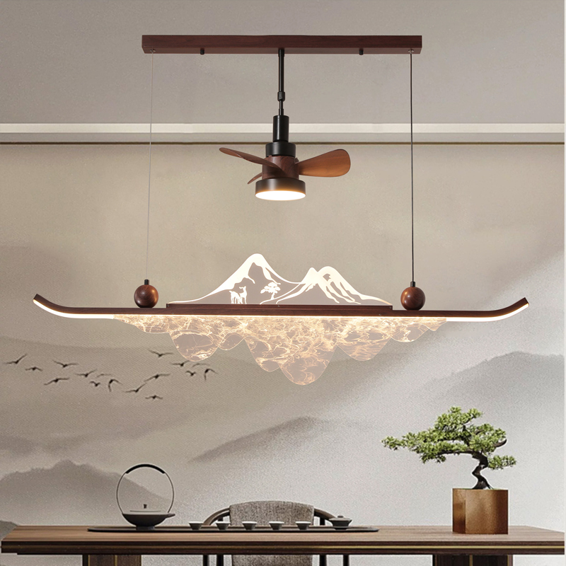 New Chinese-Style Restaurant Chandelier Song-Style Aesthetics Creative Landscape Zen Tea Room Bar Study Walnut Color Fan Light New Chinese-Style Restaurant Chandelier Song-Style Aesthetics Creative Landscape Zen Tea Room Bar Study Walnut Color Fan Light