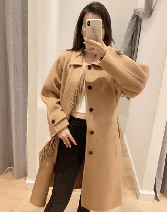 Cherry French generation sandro 21 autumn and winter tassel edge tie waist woolen coat jacket female SFPOU00392