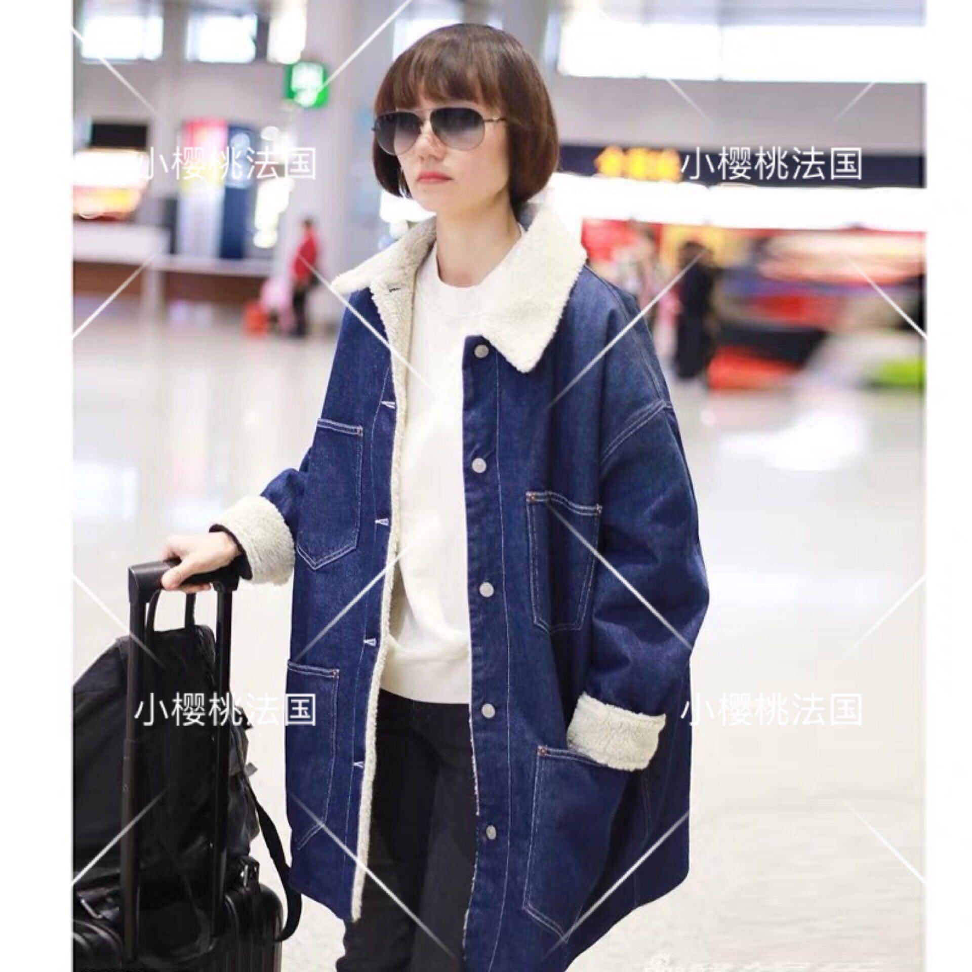 Cherry Fadei maje women's clothing Yuan Quan Tongtong Lamb Fur Coat Thickened Loose Medium Long Version Denim Jacket