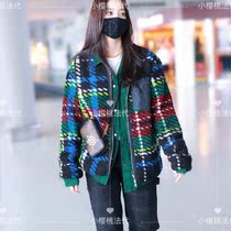 (Cherry France) maje Ouyang Nana with cashmere jacket loose color plaid double-faced jacket