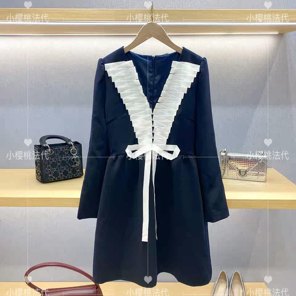 Cherry France MAJE French style small crowd 100 pleats Skirt Temperament V Collar Butterfly Knot Cashew Longsleeve Foreign Dress Woman