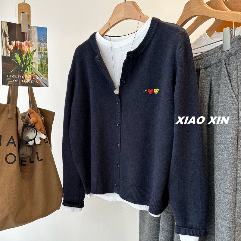 Soft and Comfortable~ Korean Three-Smiley-Face Embroidered Round-Neck Knitted Cardigan for Women, 2025 Autumn and Winter Layered Sweater Jacket