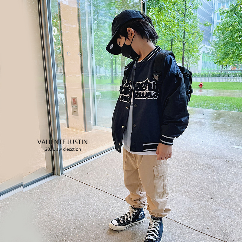 JUSTIN children's spring and autumn new double-layer casual loose top boys Japanese cloth stickers stitching baseball jacket tide