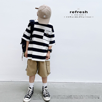 JUSTIN Tide Card Boy Clothing Boy Summer New Round Collar Stripe Day Ensemble Brief Casual Loose Short Sleeve Compassionate T-shirt