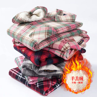 加绒加厚纯棉格子羊羔绒保暖衬衫女冬韩版长袖一体绒全棉休闲衬衣