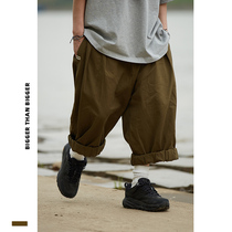 BTB Japanese 310g twill wide-leg overalls mens retro army green loose straight elastic waist casual trousers