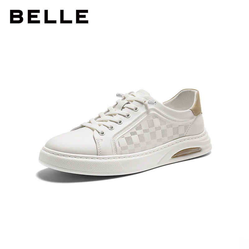 Belle Men's Plaid White Shoes Men's 26 Spring New Style Cow Leather Casual Soft-Soled Sports Sneakers 9Ah01Am6