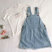 MIUSU 21 summer dress new college style cute little sweet bow denim strap embroidery T-shirt