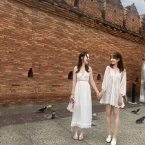 MIUSU summer clothes New seaside girlfriends holiday white heavy industry embroidered lace dress suspenders skirt pants