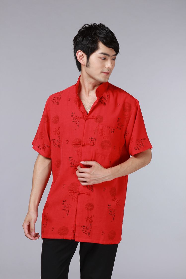 Sườn xám mùa hè 2015 Cải tiến giản dị Tanganh Cotton Trang phục dân tộc nam Quần áo ngắn tay quần thô nam