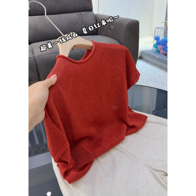 3842【High-End Ready-To-Wear Summer Red Rolled-Edge Knit Sweater】Extremely Versatile! High-Quality New Spring Women's Top 3842【High-End Ready-To-Wear Summer Red Rolled-Edge Knit Sweater】Extremely Versatile! High-Quality New Spring Women's Top