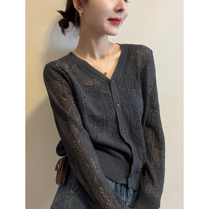 3833【V-Neck Granny Square Crochet Cardigan】Spring New Korean Style Loose-Fitting Top for Women