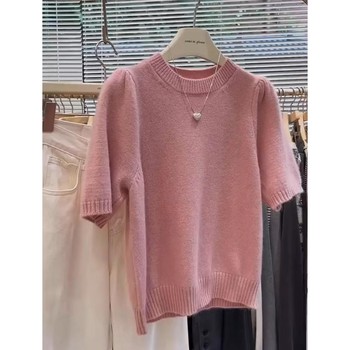2024 small shoulder mid-sleeved spring new women's puff sleeve short sweater thin top