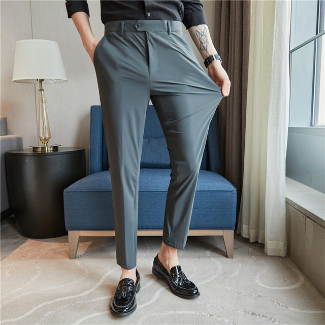 Pinstripe Ice Silk Thin Casual Pants Men's Summer Highly Elastic Slim Small Foot Trousers Style Men's Versatile Tailor-Trousers Trendy