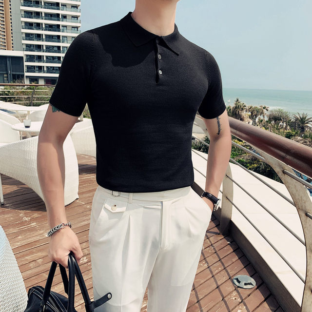 Summer men's short-sleeved Polo shirt Korean version of slim solid color knitted lapel T-shirt British male tight-fitting bottoming shirt