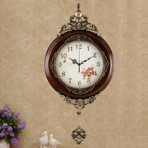 Luxury European wall clock living room solid wood pendulum clock creative art wall hanging clock pastoral mute retro decorative clock