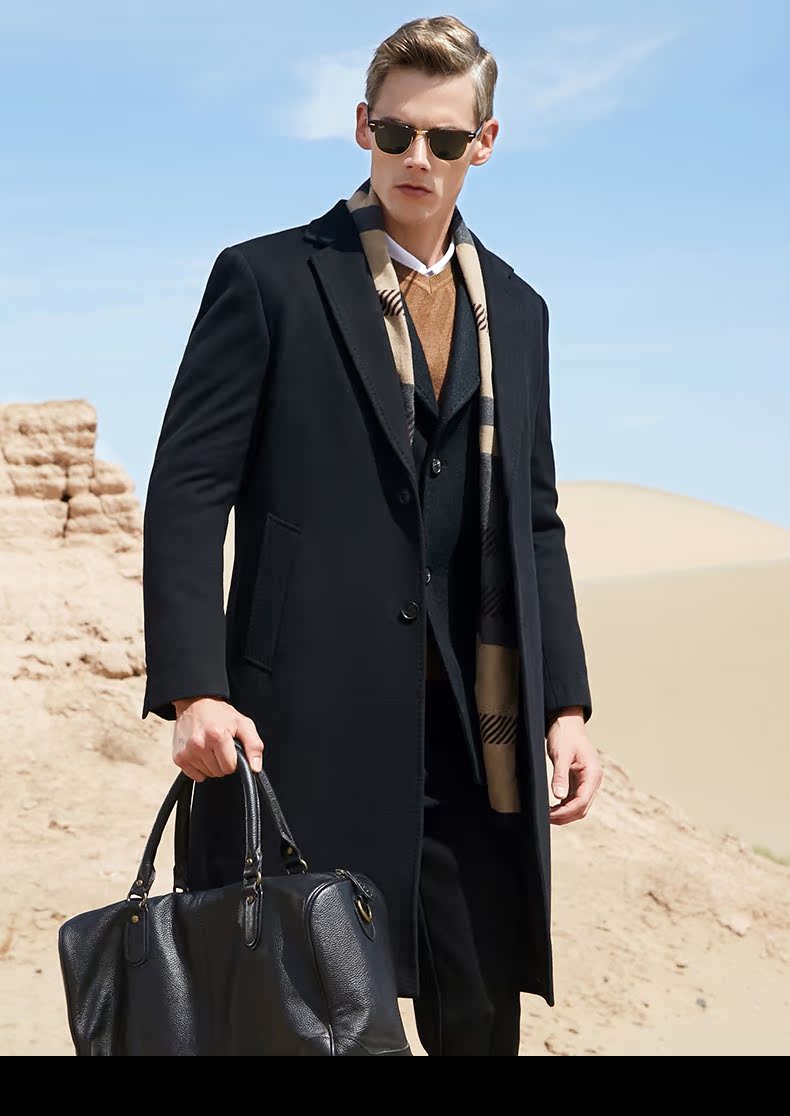 JOW / coat áo cashmere nguyên chất nam đầu gối dài phù hợp với cổ áo len cổ áo màu rắn cashmere áo cardigan nam