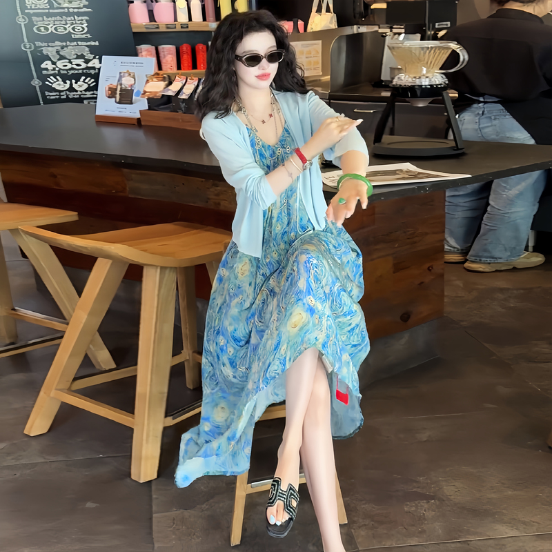 High-End Printed Suspender Skirt Two-Piece Set for Women 2026 Summer New Style Loose Mid-Length Belly-Covering Dress Set High-End Printed Suspender Skirt Two-Piece Set for Women 2026 Summer New Style Loose Mid-Length Belly-Covering Dress Set