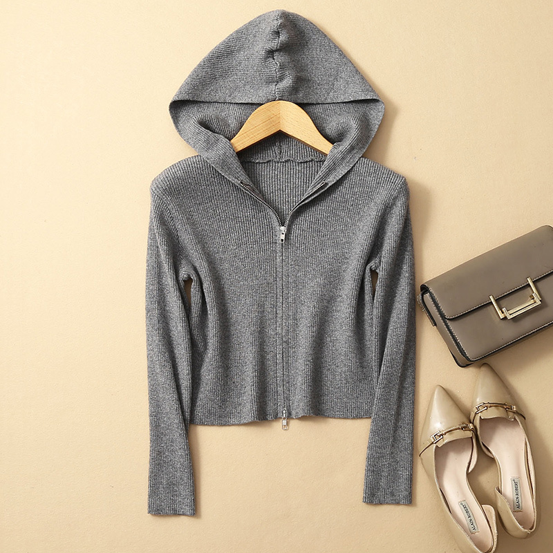 Spring and Summer High-Waisted Short Hooded Knitted Cardigan for Women, Thin Zip-Up Crop Top, Artistic Sweater