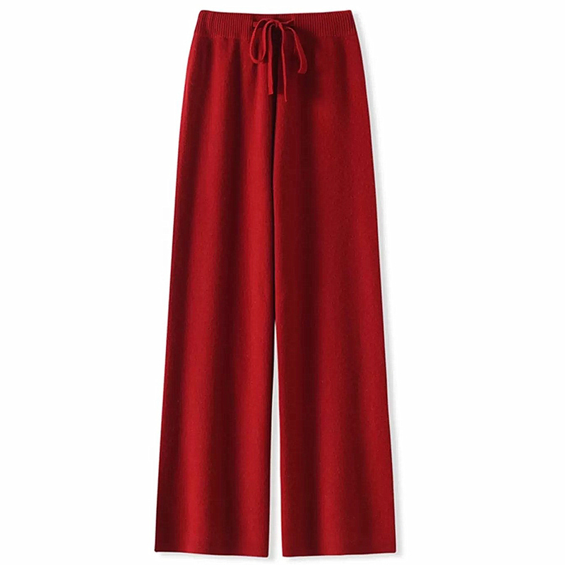 Luxurious Textured New Year Red 100% Wool Wide-Leg Pants for Women, Winter Zodiac Year Drapey Knit Straight-Leg Trousers Luxurious Textured New Year Red 100% Wool Wide-Leg Pants for Women, Winter Zodiac Year Drapey Knit Straight-Leg Trousers