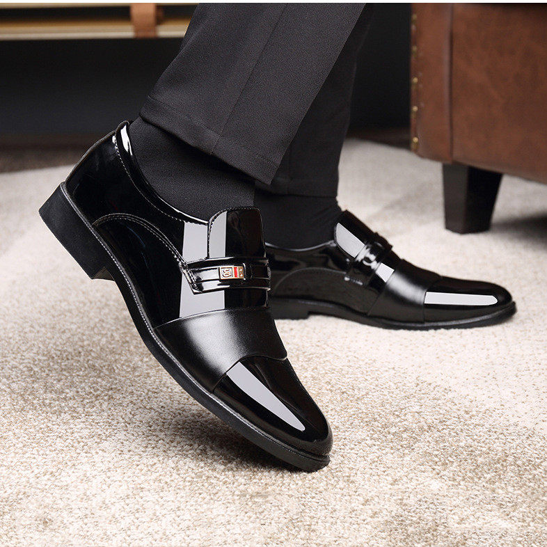 Men's Leather Shoes Dad Flat Business Formal Dress Set Feet Non-slip Bright Work Men's Suit Casual Large Size Shoes