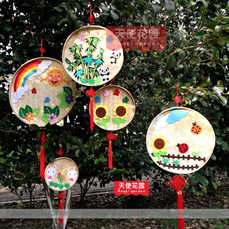 Kindergarten Area Corner Decoration Bamboo-knitted hanging decoration dustpan Basket Fine Art Room Drawing Creative Works Hanging Accessories Bamboo Disc DIY