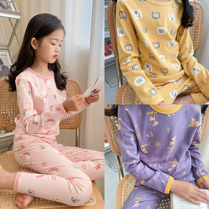 2021 winter new medium and large girls 320g wool pull rack cartoon print cotton housewear underwear set