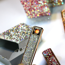 Diamond USB Lady charging lighter rhinestone cigarette lighter silent windproof mute lady sticking cigarette case