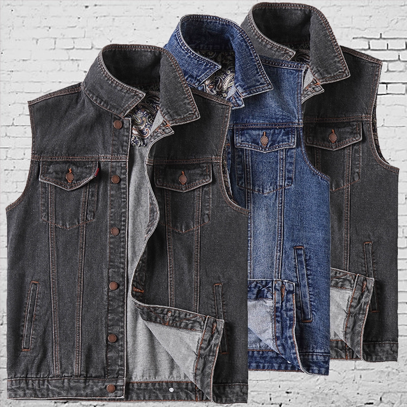 Áo khoác vest denim cotton vest nam vest rộng cộng với size béo cộng với béo cộng với size vest mùa xuân và mùa thu - Dệt kim Vest