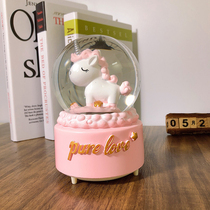 Unicorn crystal ball music box Dream girl heart rotating light Floating snowflake Music box Girl birthday gift