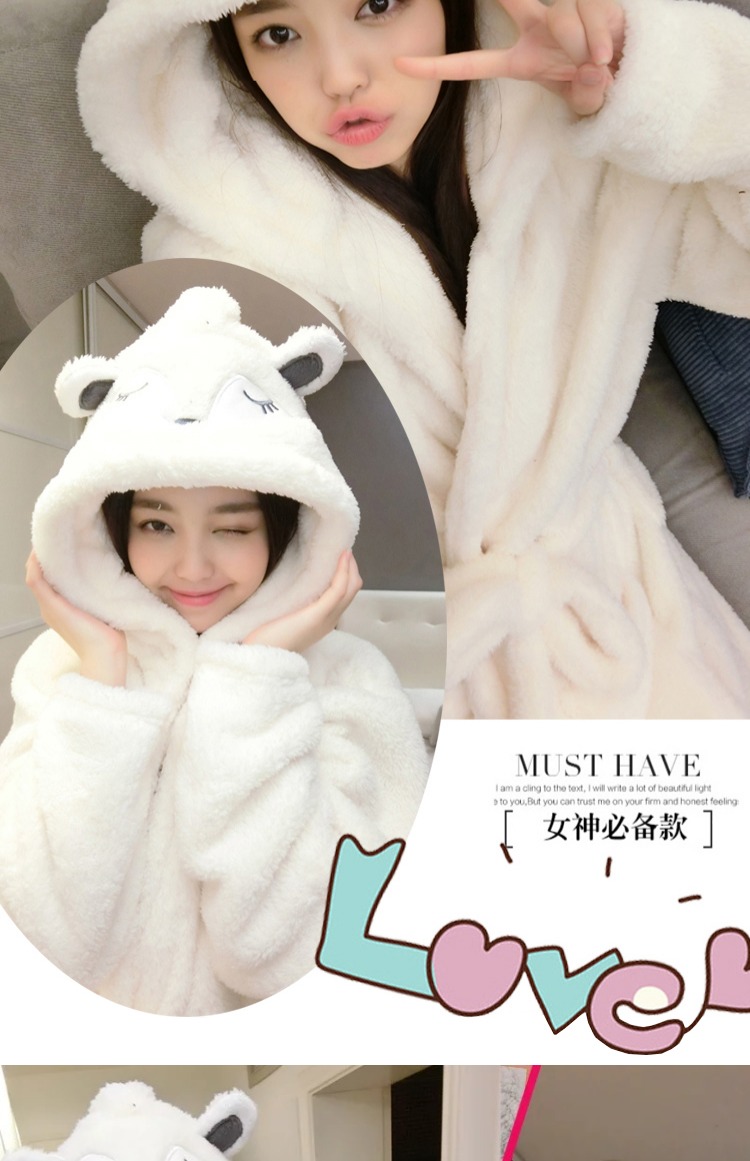 Mùa thu và mùa đông dễ thương váy ngủ san hô nhung áo choàng dày áo tắm áo ngủ nữ mùa đông phiên bản Hàn Quốc của phim hoạt hình tai thỏ ngọt ngào đồ ngủ thu đông nam nữ