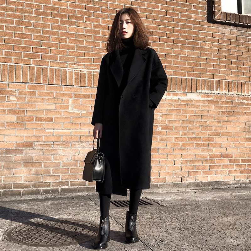 Double-sided cashmere coat women's long version of the 2021 spring new Hepburn style black cocoon wool coat