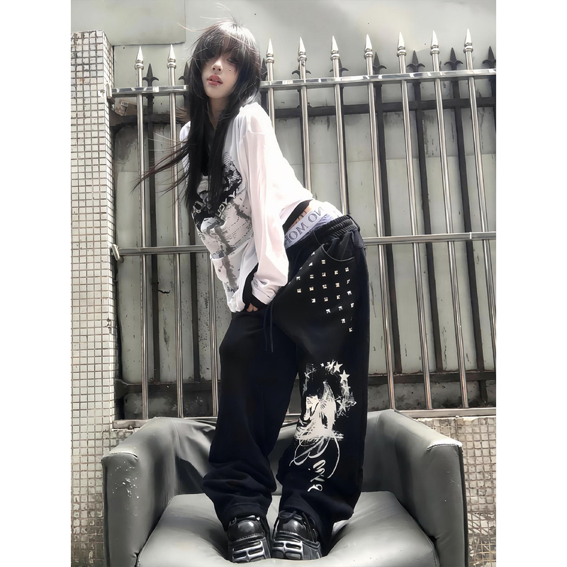 American Retro Black Sweatpants for Women, Early Autumn, Studded Sequins, Loose Drape, Straight-Leg Casual Trousers, Slimming Wide-Leg Pants