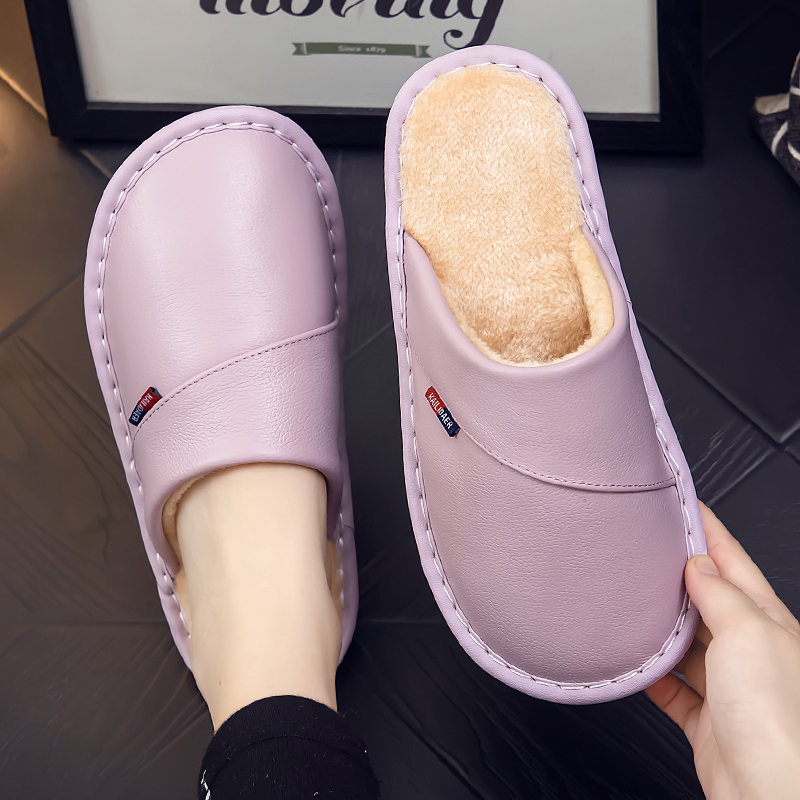 First-Layer Cowhide Winter Home Slippers for Men and Women, Indoor Wooden Floor Non-Slip Silent Room Couple Warm Cotton Slippers