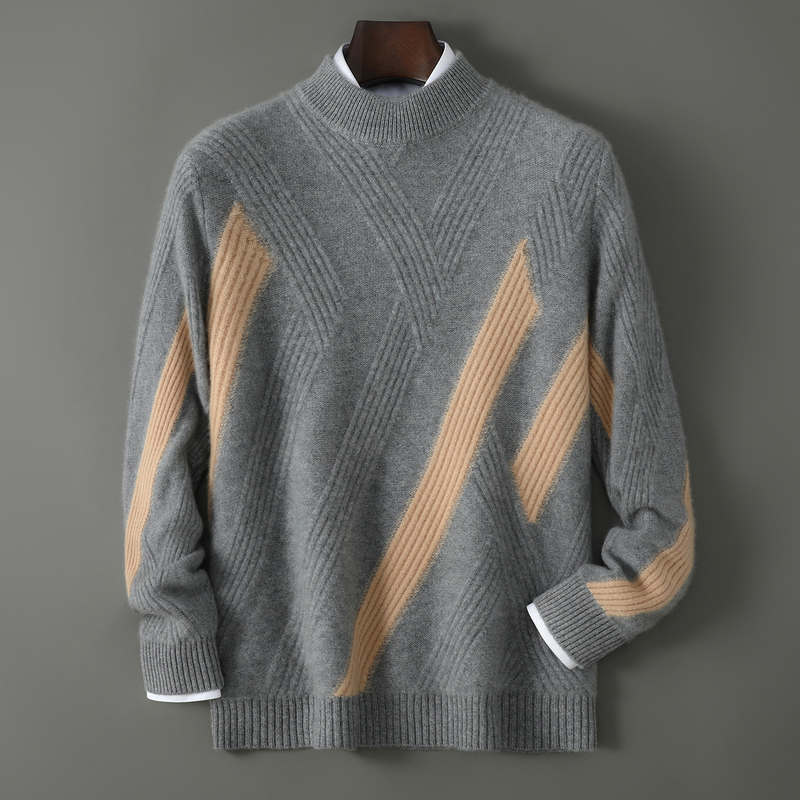 New Autumn and Winter Pure Wool Sweater for Men, Twill Half-High Collar, Thickened and Warm Knitted Sweater, Base Layer Wool Sweater