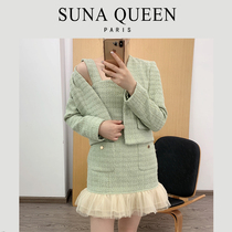 2020 Matcha green fashion autumn small fragrance three-piece womens coat skirt dress temperament set spot