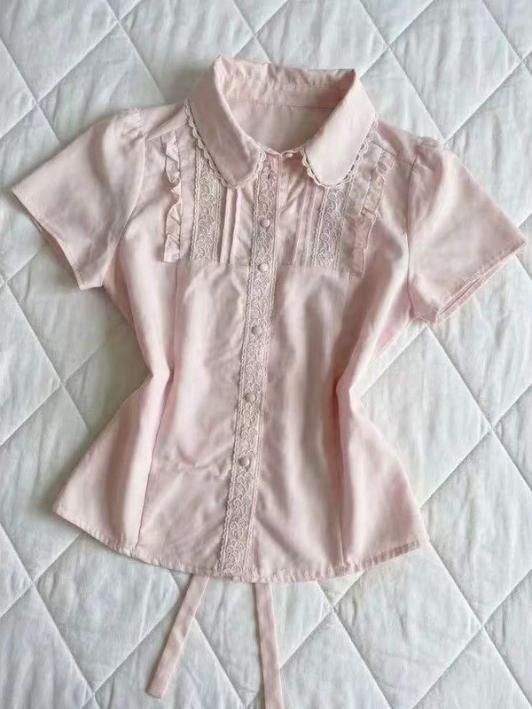 2026 Summer Sweet Pink Short-Sleeve Shirt with Lace Trim Design, Slim Fit, Versatile New Shirt 2026 Summer Sweet Pink Short-Sleeve Shirt with Lace Trim Design, Slim Fit, Versatile New Shirt