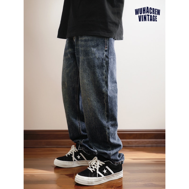 24 Spring New Arrivals Japanese Vintage Slightly Distressed Washed Embroidered Label Loose Tapered Trendy Jeans