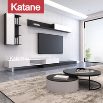 Modern minimal light luxury TV cabinet tea combined living room Background wall hanging cabinet Northern Europe complete retractable cabinet