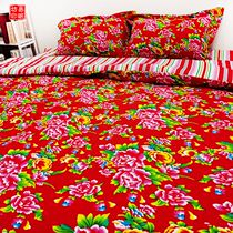 Quilt cover four-piece set of northeast flower cloth cotton striped sheets retro National style classical Chinese wedding simple