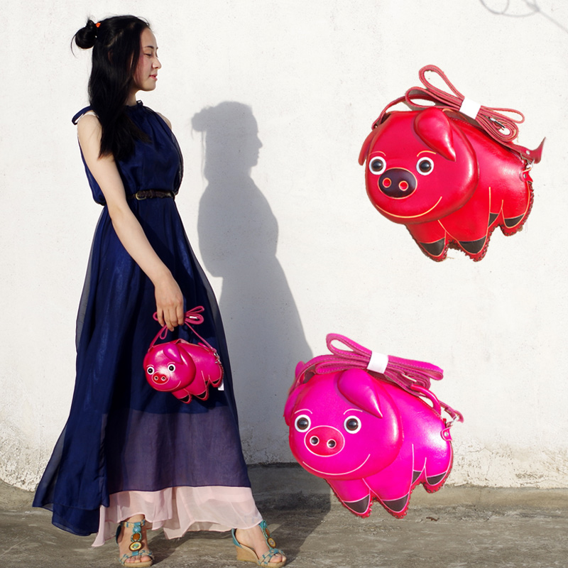 Zodiac pig handmade leather large screen mobile phone bag personality one-shoulder small shoulder bag first layer cowhide children's backpack