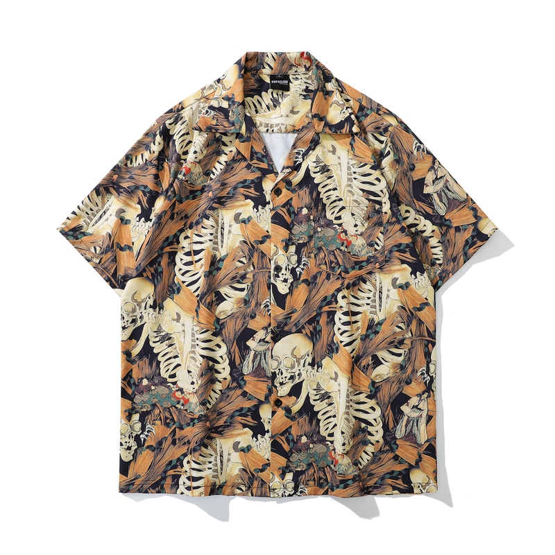 Daiwing American Retro Skull Print Short-Sleeved Shirt Unisex Cuban Collar Vacation Style High Street Half-Sleeve