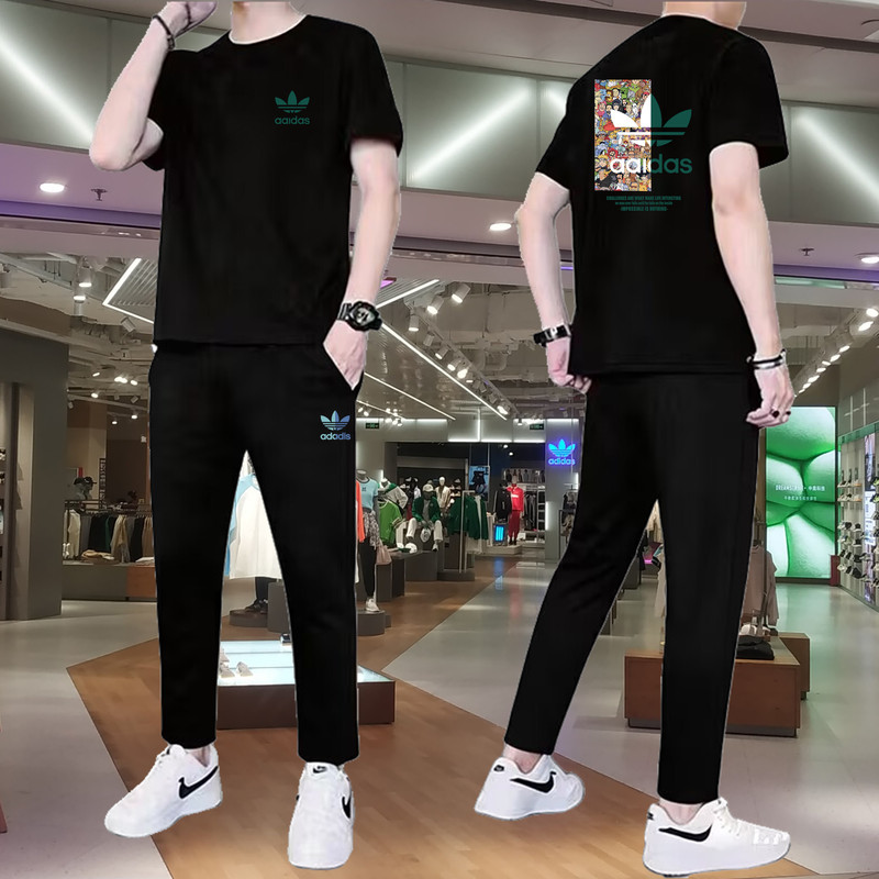 [Authentic Outlet] Summer Men's Round-Neck Short-Sleeved T-Shirt Casual Sweatpants Two-Piece Couple Sports Suit Trendy