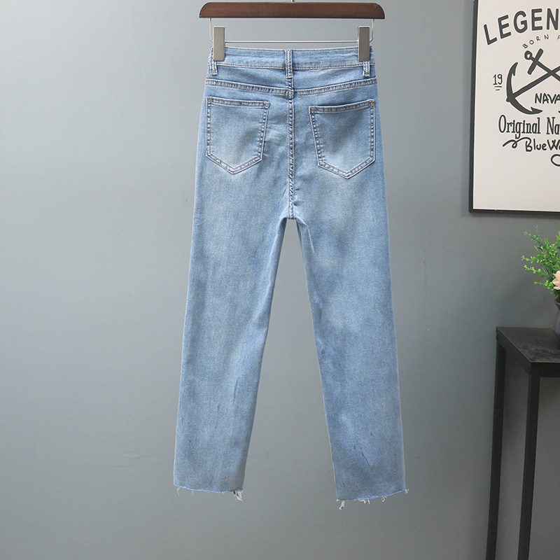 Straight-leg jeans for women in summer 2022, light blue frayed and ripped cigarette tube pants, petite slimming 9-inch pants pic 5