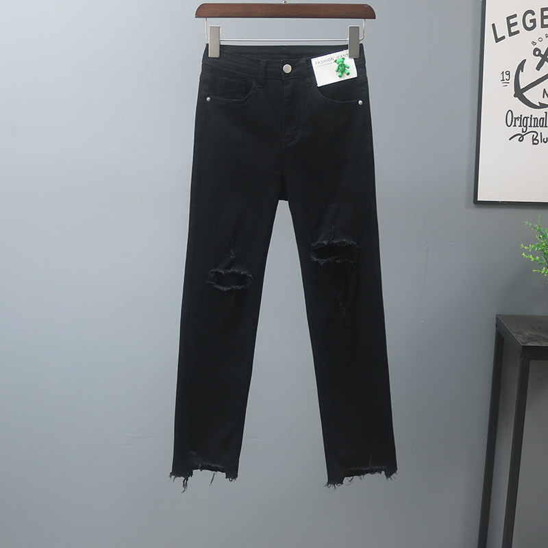 Straight-leg jeans for women in summer 2022, light blue frayed and ripped cigarette tube pants, petite slimming 9-inch pants pic 1
