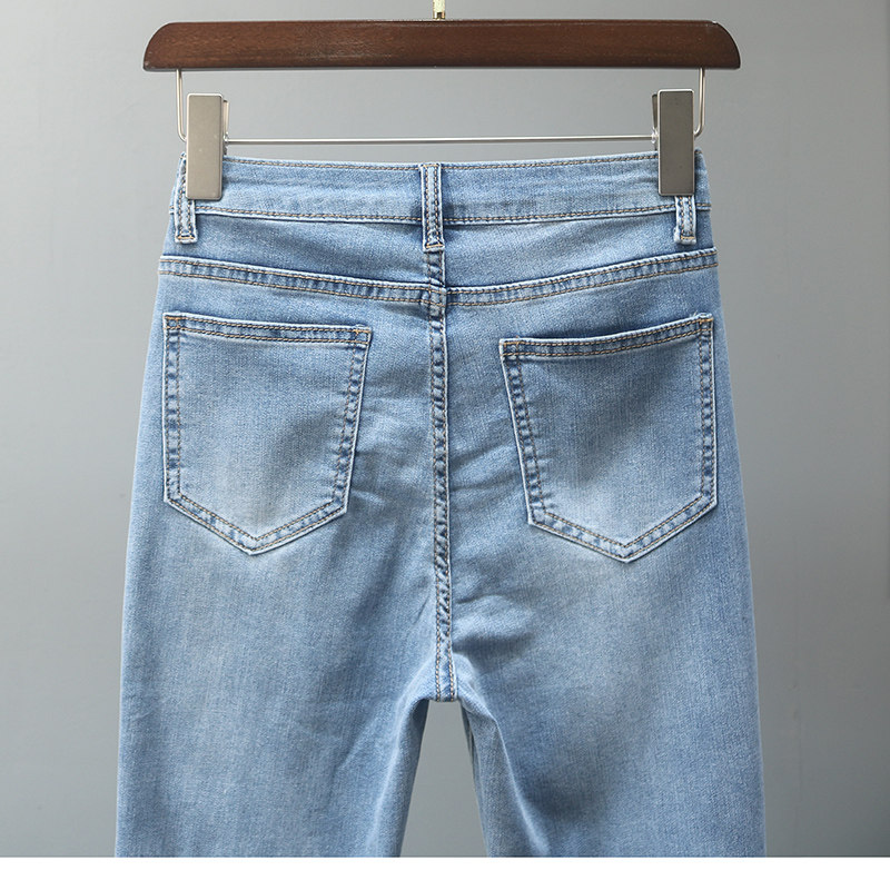 Straight-leg jeans for women in summer 2022, light blue frayed and ripped cigarette tube pants, petite slimming 9-inch pants pic 12