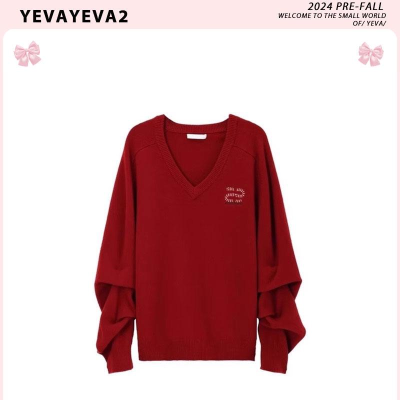 Yeva Lucky Snake Shape Slim Fit V-Neck Knitted Sweater for Women 2025 Spring Cuff Ruched Loose Red Sweater